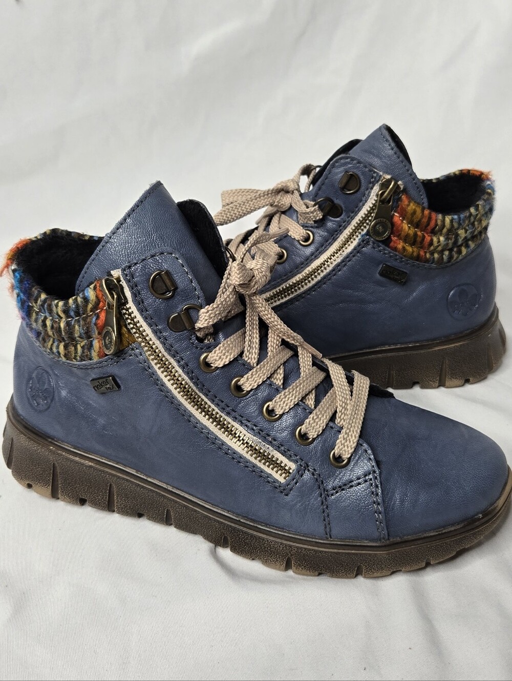 Rieker Women’s Blue Leather Ankle Boots Size 7 / EU 38 Side Zip Multicolor Cuff